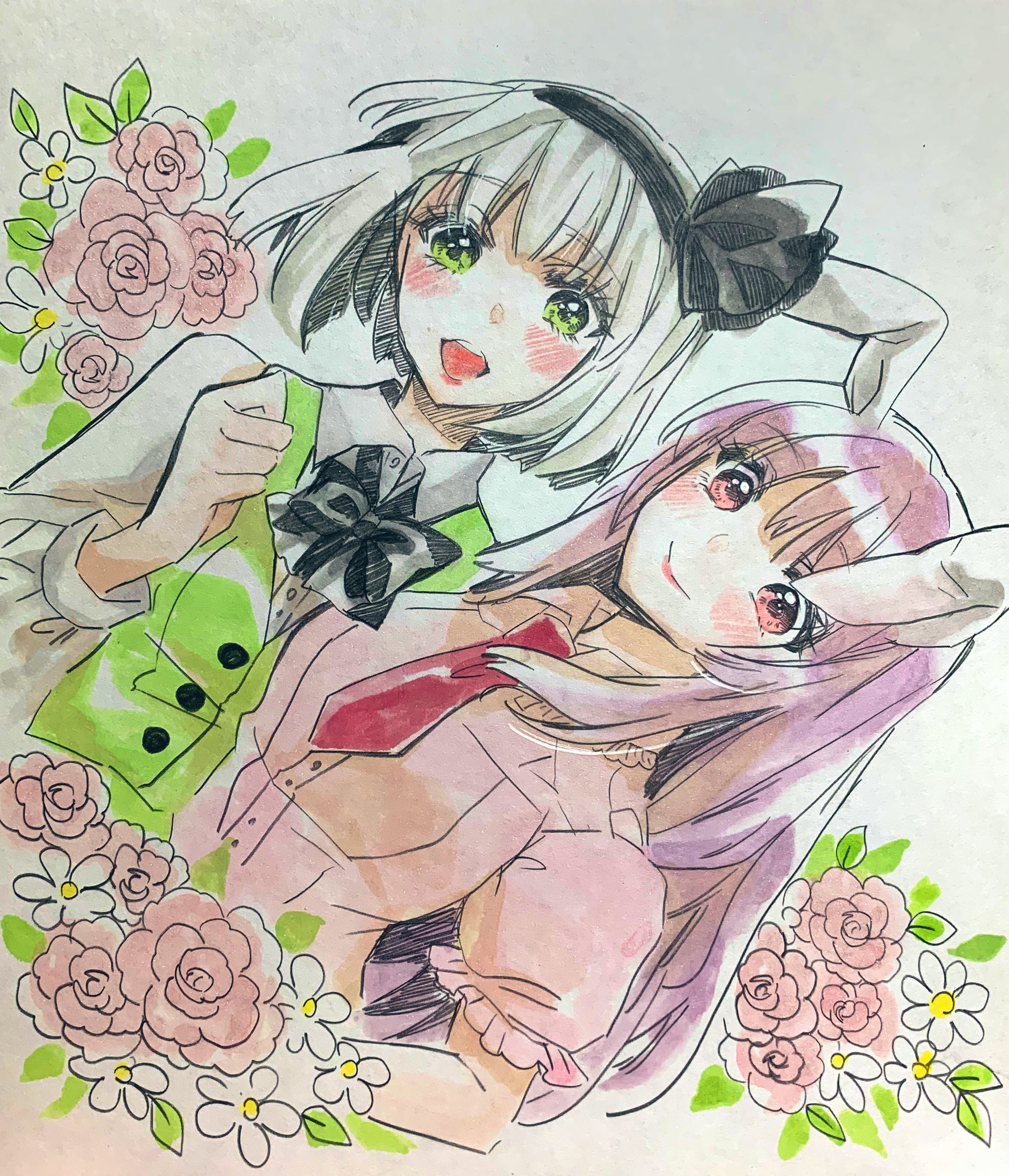 akaioringo2023, konpaku youmu, reisen udongein inaba, touhou, absurdres, highres, 2girls, ascot, black ascot, black hairband, bob cut, flower, green eyes, hairband, long hair, looking at viewer, multiple girls, necktie, pink flower, purple hair, red necktie, side-by-side, white flower, white hair