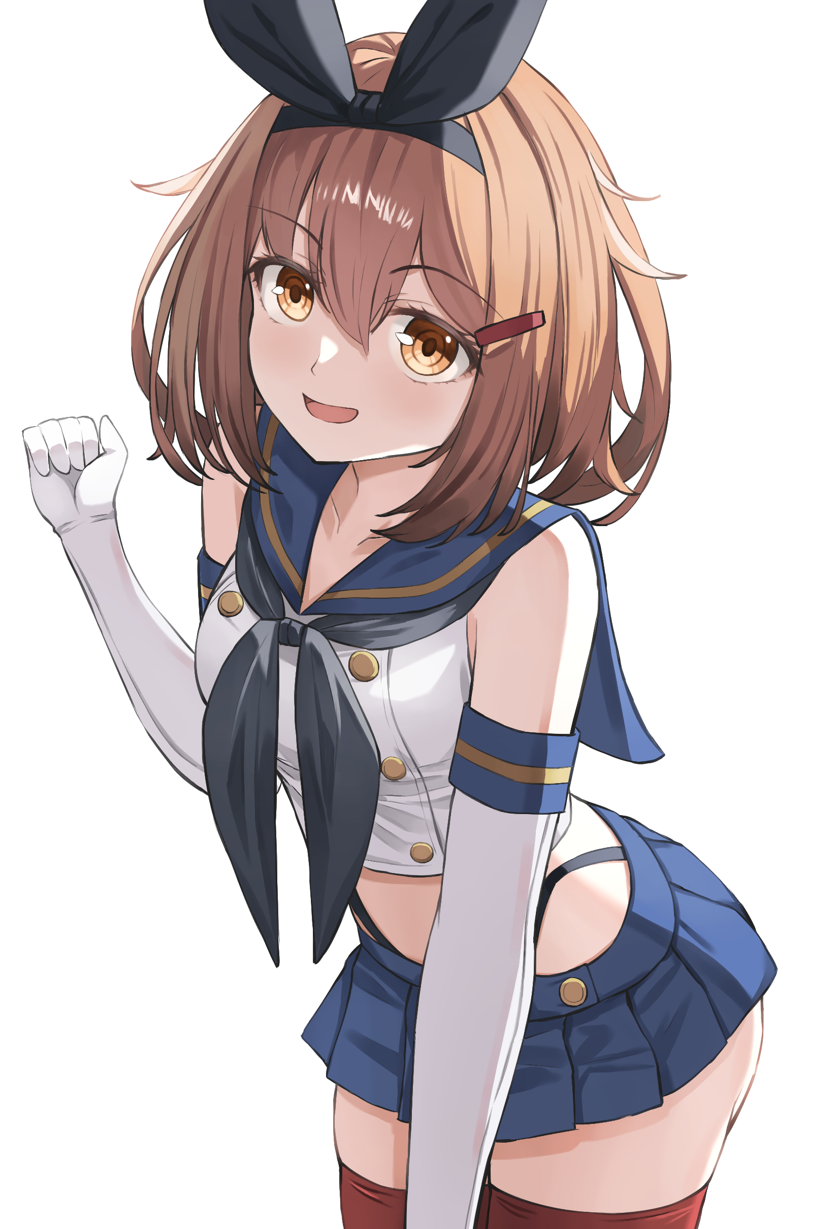 beisaku bei, ikazuchi (kancolle), shimakaze (kancolle), kantai collection, absurdres, highres, 1girl, ass, black neckerchief, black panties, blue sailor collar, blue skirt, breasts, brown eyes, brown hair, cosplay, crop top, elbow gloves, gloves, hair between eyes, hair ornament, hairclip, highleg, highleg panties, horizontal-striped thighhighs, looking at viewer, medium breasts, microskirt, neckerchief, panties, pleated skirt, sailor collar, shimakaze (kancolle) (cosplay), short hair, skirt, solo, striped clothes, striped thighhighs, thighhighs, thong, underwear, white gloves