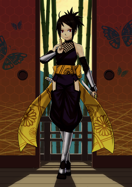 k+, ayame (tenchuu), acquire, fromsoftware, tenchu, tenchuu, 1girl, bare shoulders, black hair, bug, butterfly, choker, clothing cutout, dagger, female focus, fishnets, hip vent, insect, knife, ninja, obi, red eyes, reverse grip, sash, short hair, sleeveless, solo, weapon