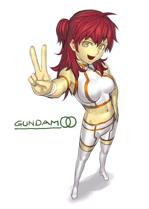 k+, nena trinity, gundam, gundam 00, 00s, boots, hand on own hip, red hair, simple background, solo, thighhighs, v, white background, white boots, yellow eyes