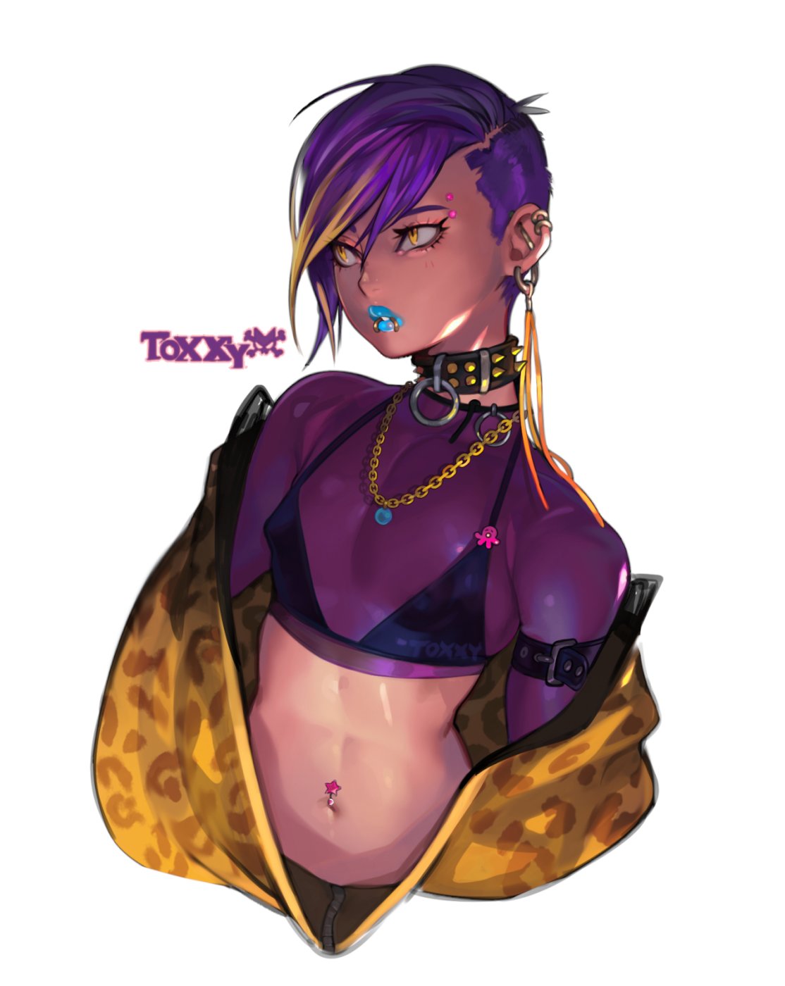 toxxy, original, highres, 1boy, androgynous, animal print, artist name, bikini, blonde hair, blue lips, chain, collar, covered erect nipples, earrings, gold chain, jacket, jacket partially removed, jewelry, leopard print, leopard print clothes, navel piercing, piercing, purple hair, simple background, single earring, spiked collar, spikes, swimsuit, upper body, white background, yellow eyes