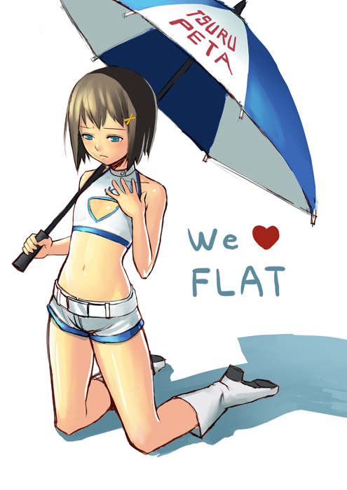 k+, 1girl, belt, blue eyes, boots, brown hair, english text, female focus, flat chest, hair ornament, hairpin, heart, midriff, race queen, short hair, solo, umbrella