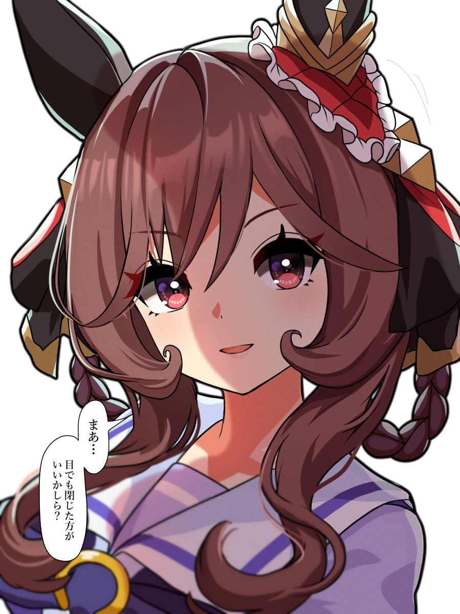 ne000000t, gentildonna (umamusume), umamusume, highres, 1girl, animal ears, braid, braided hair rings, brown hair, ear covers, hair between eyes, hair rings, horse ears, long hair, looking at viewer, open mouth, purple shirt, red eyes, sailor collar, school uniform, shirt, sidelocks, solo, tracen school uniform, white sailor collar