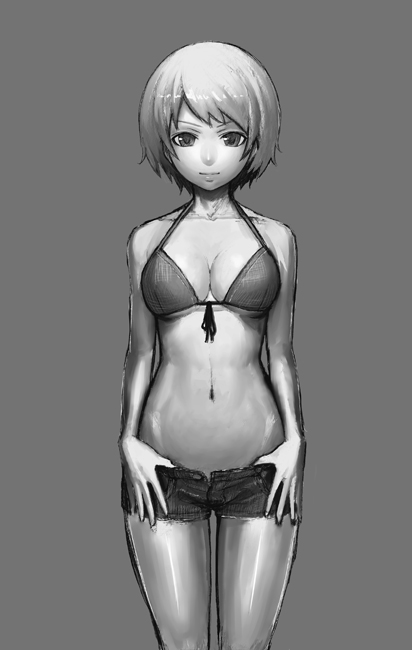 k+, original, bad id, bad pixiv id, 1girl, bikini, bikini top only, breasts, cleavage, female focus, front-tie top, greyscale, monochrome, navel, short hair, shorts, solo, standing, swimsuit