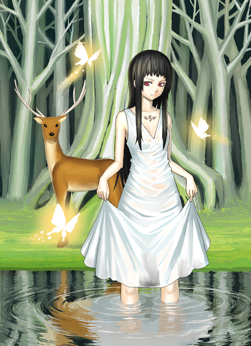 k+, original, bad id, bad pixiv id, 1girl, black hair, bug, butterfly, clothes lift, deer, dress, dress lift, female focus, forest, grass, insect, long hair, nature, red eyes, ripples, skirt hold, solo, tree, wading, water, white dress
