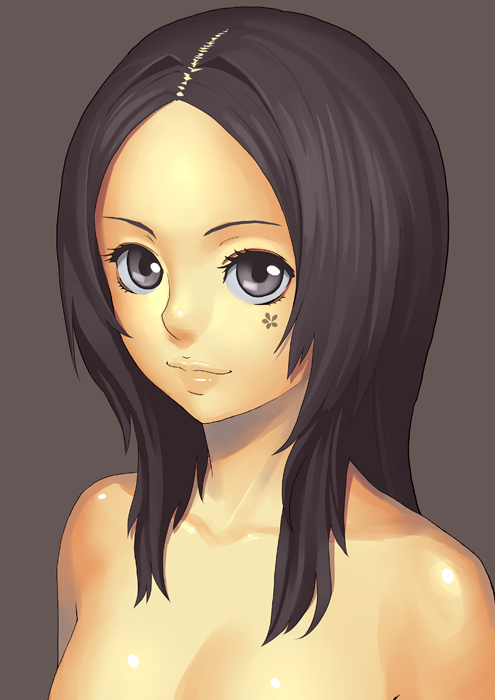k+, original, bad id, bad pixiv id, 1girl, black hair, female focus, grey eyes, lips, out-of-frame censoring, smile, solo, tattoo, topless female