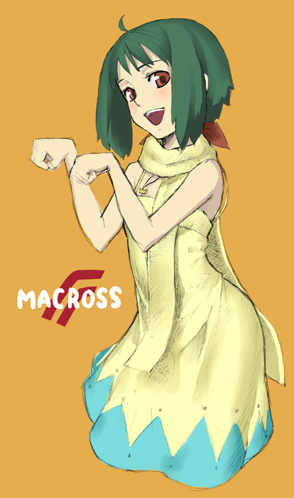 k+, ranka lee, macross, macross frontier, no legs, bad id, bad pixiv id, 00s, 1girl, :d, ahoge, brown eyes, dress, female focus, green hair, jewelry, open mouth, paw pose, pendant, scarf, short hair, sketch, smile, solo