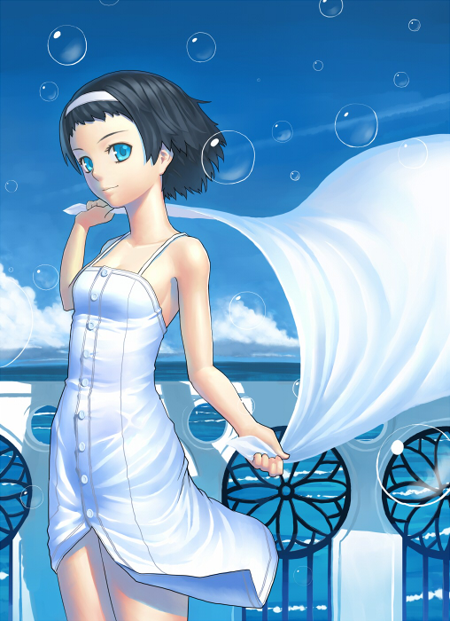 k+, original, 1girl, bare shoulders, black hair, blue eyes, bubble, cloud, day, dress, female focus, hairband, headband, ocean, outdoors, short hair, sky, solo, standing