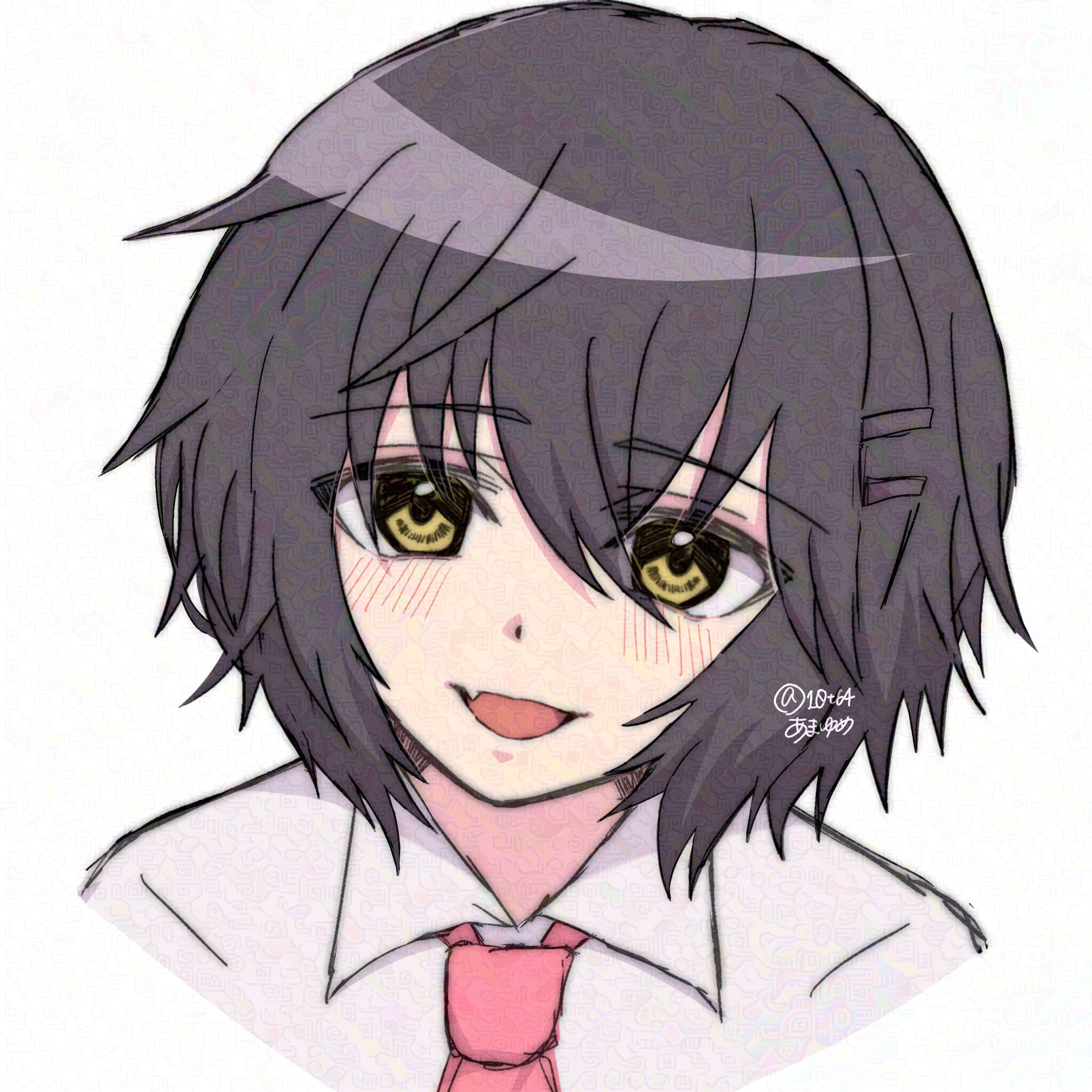 amai yume, kure kirika, mahou shoujo madoka magica, mahou shoujo oriko magica, absurdres, highres, 1girl, collared shirt, looking at viewer, necktie, open mouth, pink necktie, portrait, shirt, short hair, solo, straight-on, white shirt, yellow eyes