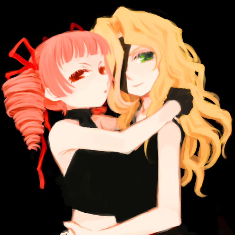 mashiko hiromi, dark hunter, dark hunter (sekaiju), dark hunter 4, ranger (sekaiju), ranger 4 (sekaiju), etrian odyssey, commentary request, 2girls, :o, bandage over one eye, black background, black gloves, blonde hair, blunt bangs, curtained hair, drill hair, gloves, green eyes, hair ribbon, hand on another's shoulder, hand on another's waist, hug, light smile, long hair, looking at viewer, multiple girls, red eyes, red hair, red ribbon, ribbon, simple background, twin drills, upper body, v-shaped eyebrows, wavy hair, yuri