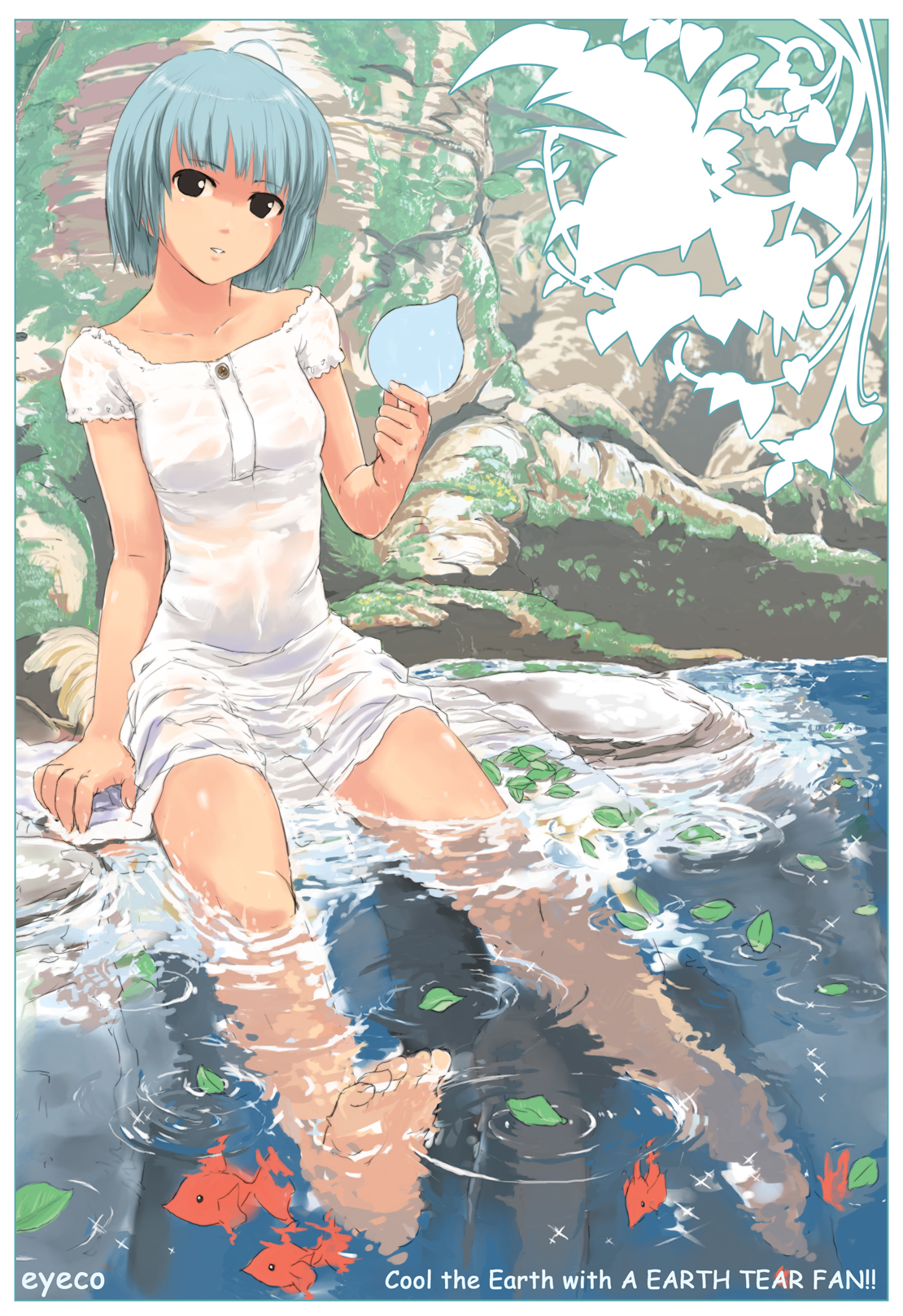 kaito (k4itoh), original, bad id, bad pixiv id, highres, 1girl, ahoge, barefoot, black eyes, blue hair, dress, feet, female focus, fish, goldfish, legs, nature, short hair, sitting, skirt, soaking feet, solo, sundress, tree, water, wet, wet clothes, white skirt