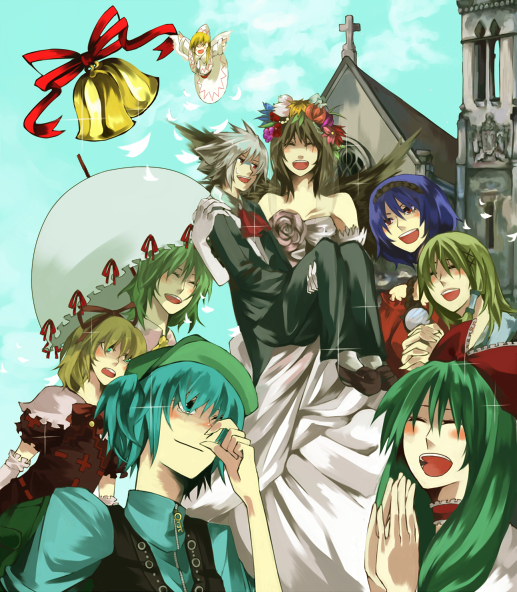 moriko32, morinaga, inubashiri momiji, kagiyama hina, kawashiro nitori, kazami yuuka, kochiya sanae, lily white, medicine melancholy, shameimaru aya, yasaka kanako, touhou, bad id, bad pixiv id, 6+girls, bell, black hair, black wings, blonde hair, blue hair, blush, carrying, church, dress, female focus, flower, green hair, hat, head wreath, long hair, multiple girls, princess carry, purple hair, ribbon, rope, short hair, tears, umbrella, wedding, wedding dress, white hair, wings
