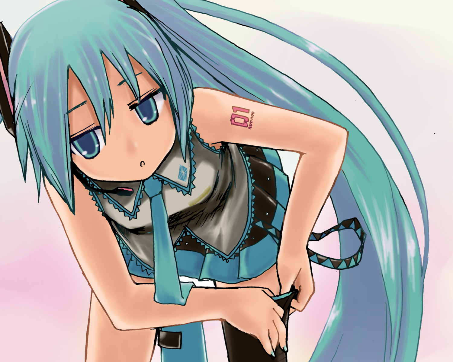 kaito (k4itoh), hatsune miku, vocaloid, bad id, bad pixiv id, highres, 1girl, asymmetrical clothes, bare shoulders, bent over, blue eyes, blue hair, dressing, female focus, jitome, long hair, matching hair/eyes, necktie, single thighhigh, solo, thighhighs