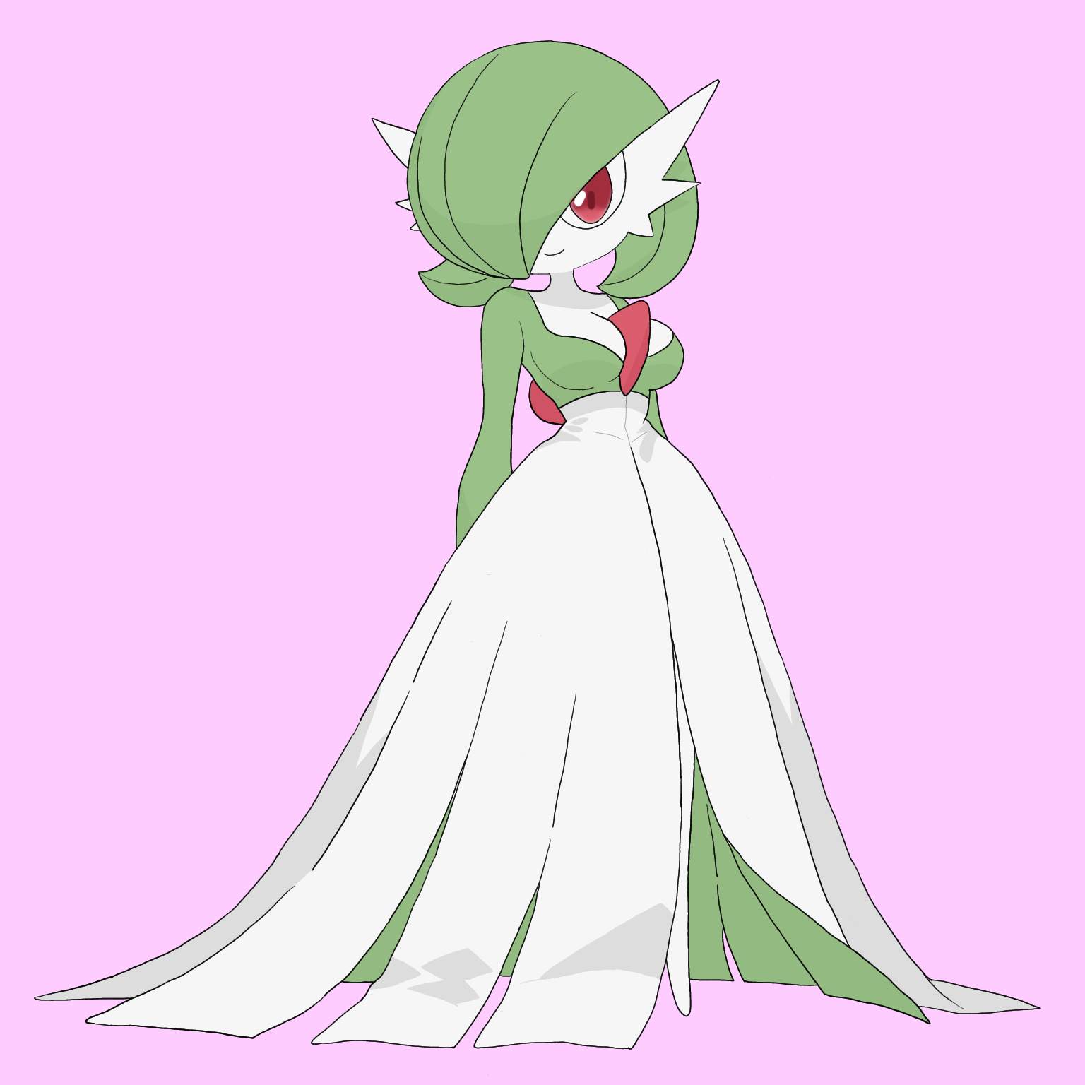 sunny day (pixiv 1052309), gardevoir, nintendo, pokemon, highres, 1girl, bob cut, breasts, closed mouth, colored skin, female focus, full body, gen 3 pokemon, green hair, green skin, hair over one eye, happy, looking at viewer, medium breasts, multicolored skin, no feet, one eye covered, pink background, pokemon (creature), red eyes, short hair, simple background, smile, solo, standing, two-tone skin, white skin