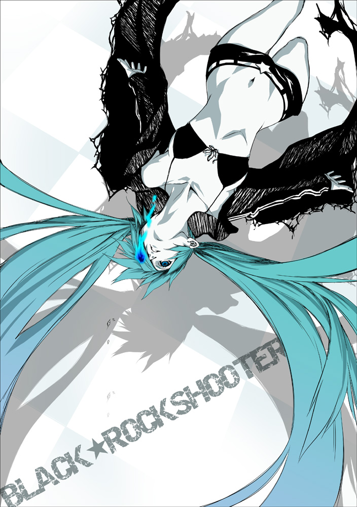 rin kyoutarou, black rock shooter (character), hatsune miku, black rock shooter, vocaloid, bad id, bad pixiv id, bikini, bikini top only, black rock shooter (cosplay), blue eyes, blue hair, cape, cosplay, long hair, midriff, pale skin, shorts, solo, swimsuit, twintails