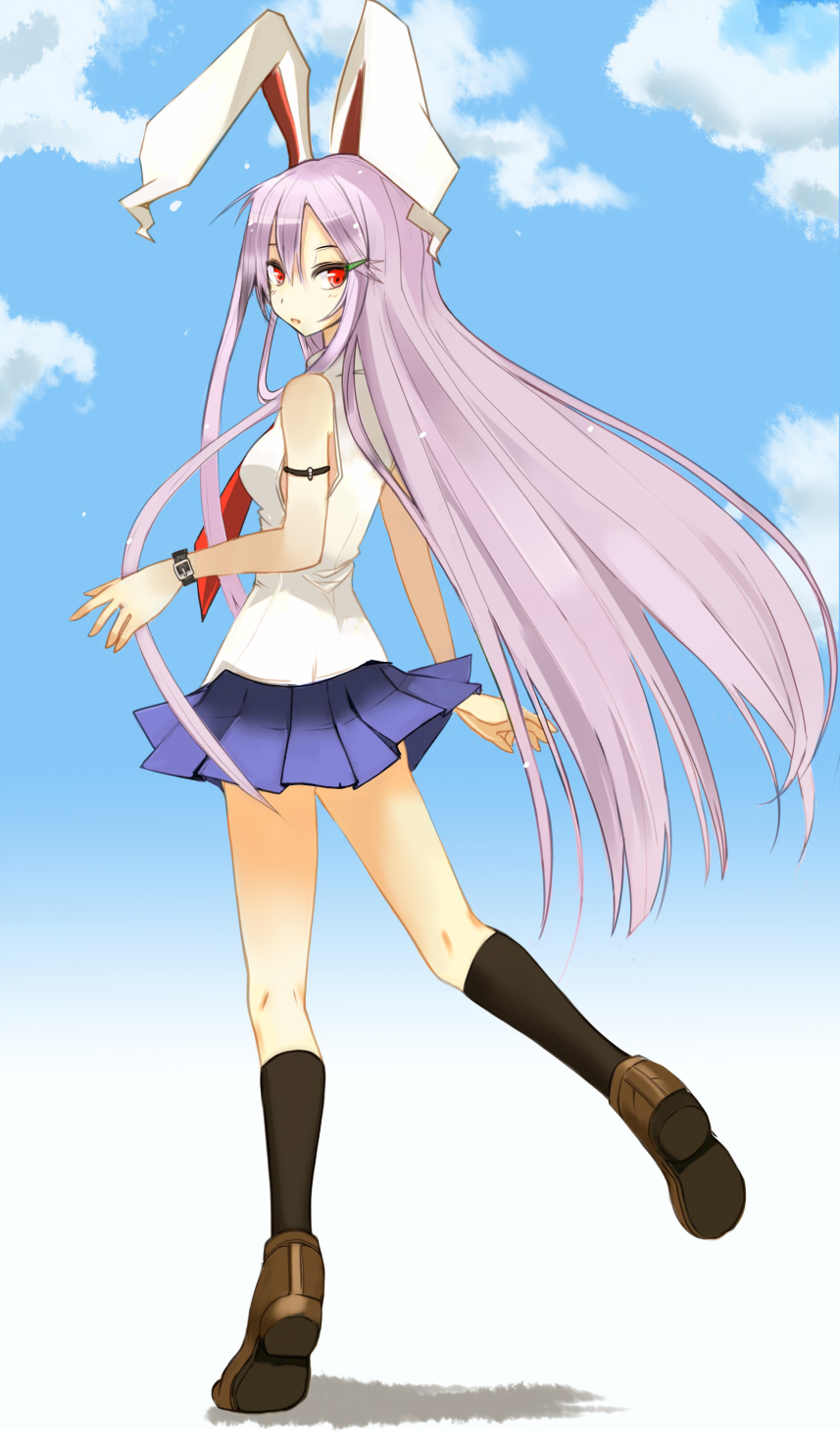 takaharu, reisen udongein inaba, touhou, bad id, bad pixiv id, highres, 1girl, animal ears, female focus, from behind, kneepits, long hair, looking back, purple hair, rabbit ears, red eyes, skirt, solo, standing, standing on one leg, very long hair