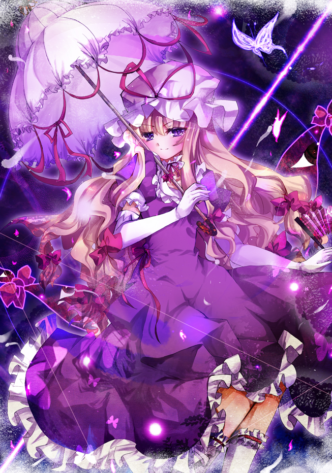 aquamarine, yakumo yukari, touhou, 1girl, blonde hair, dress, female focus, gap (touhou), hat, long hair, ribbon, solo, umbrella