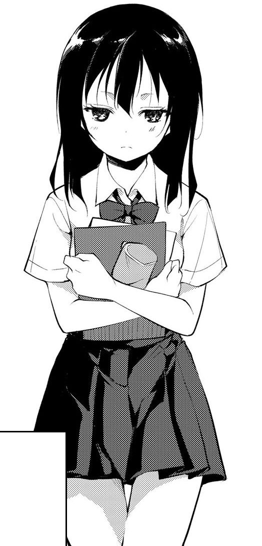 suzuki nago, sakura mamiya (syoujo m), original, non-web source, 1girl, collared shirt, cowboy shot, expressionless, hair between eyes, half-closed eyes, long hair, miniskirt, neck ribbon, pleated skirt, ribbon, school uniform, shirt, simple background, skirt, straight-on, straight hair, white shirt