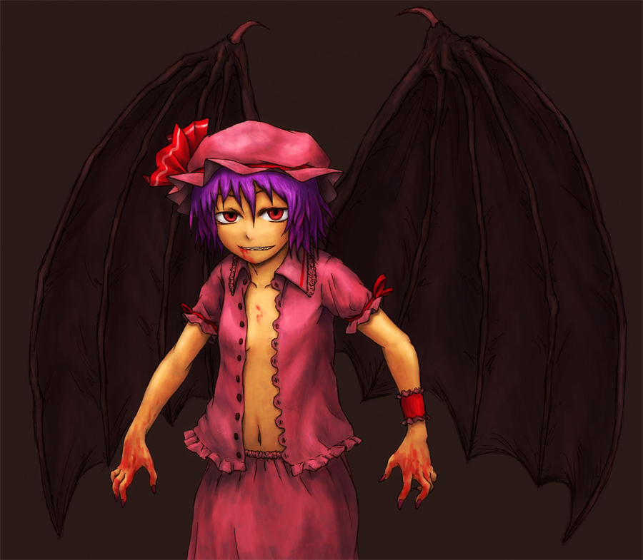 kurione (pixiv), kurione (zassou), remilia scarlet, touhou, bad id, bad pixiv id, 1girl, blood, blue hair, female focus, hat, ribbon, short hair, solo, wings
