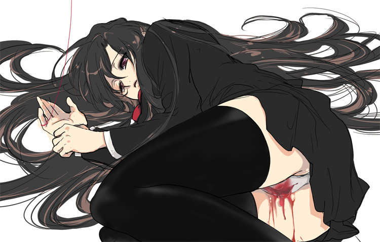 kanke (yonkuma), enma ai, katsura kotonoha, jigoku shoujo, school days, bad id, bad pixiv id, 00s, 1girl, blood, blood on panties, brown hair, female focus, long hair, lying, menstruation, panties, pantyshot, school uniform, serafuku, skirt, solo, string, string of fate, thighhighs, underwear, upskirt