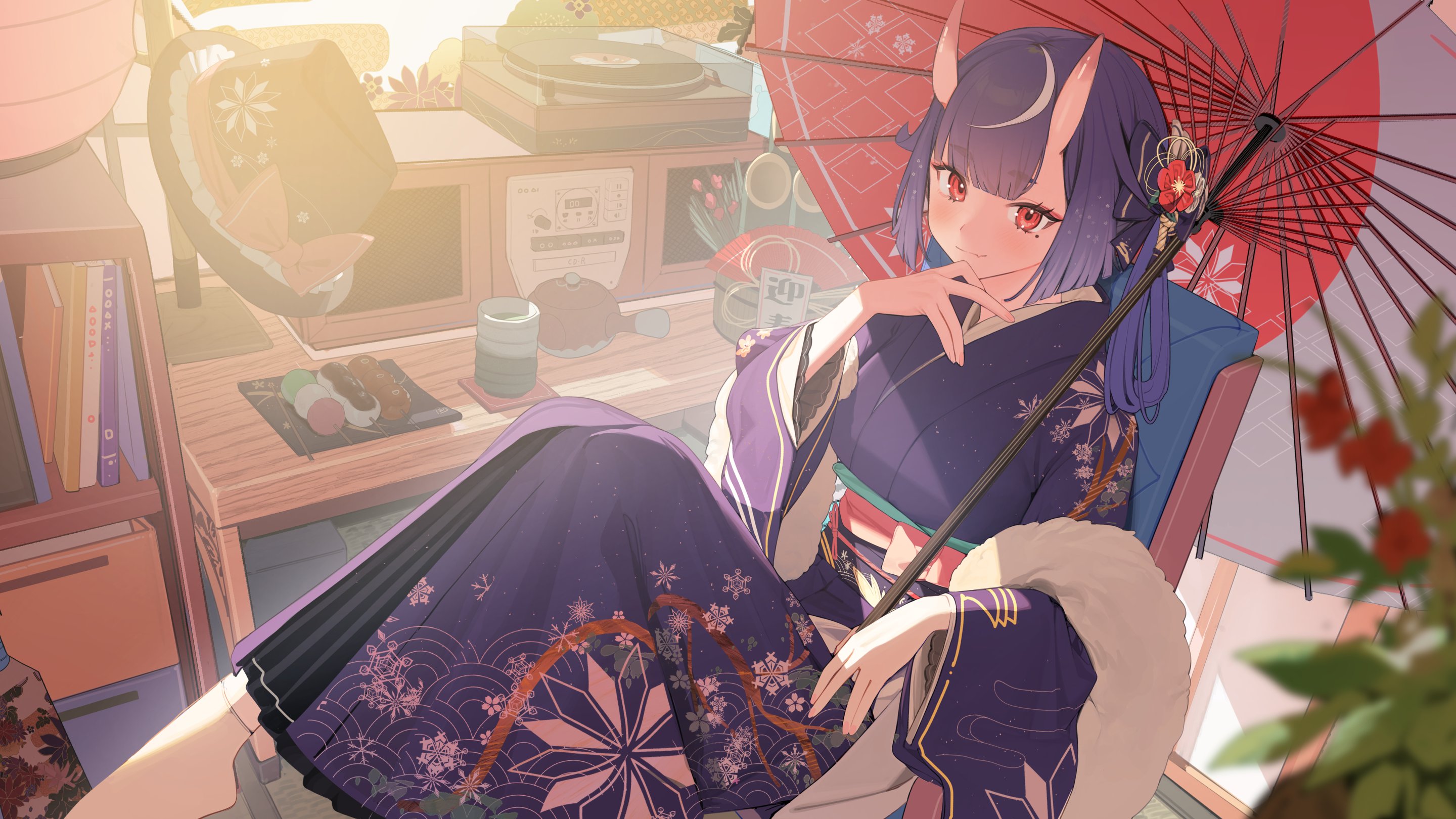 hiiragi mikoto, original, commentary request, commission, highres, skeb commission, 1girl, black sash, blush, bow, chair, closed mouth, cup, dango, food, green tea, hair bow, hair ornament, holding, holding umbrella, indoors, japanese clothes, kimono, long hair, long sleeves, looking at viewer, mole, mole under eye, multicolored hair, obi, oil-paper umbrella, on chair, purple bow, purple hair, purple kimono, red eyes, sanshoku dango, sash, sitting, solo, streaked hair, tea, umbrella, wagashi, white hair, yunomi