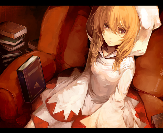 riku (artist), riku (wana), white mage (fft), white mage (final fantasy), final fantasy, final fantasy tactics, white mage, bad id, bad pixiv id, 1girl, blonde hair, book, brown eyes, cloak, couch, female focus, hood, letterboxed, long hair, long sleeves, sitting, sleeves past wrists, solo