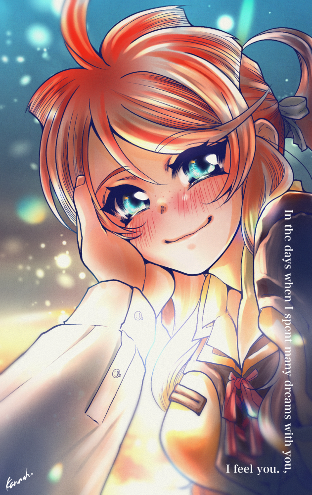 kannah, gemini sunrise, taiga shinjirou, sakura taisen, sakura taisen v, blue eyes, blush, freckles, hair tie, hand on another's cheek, hand on another's face, jacket, looking at viewer, orange jacket, ponytail, pov, red hair, shirt, sidelocks, smile, white sleeves, yellow shirt