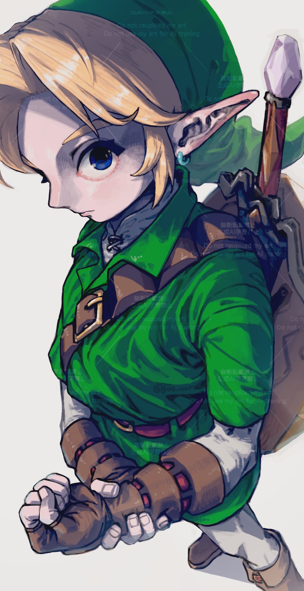 gus uur, link, nintendo, the legend of zelda, the legend of zelda: majora's mask, highres, 1boy, blonde hair, blue eyes, boots, brown boots, brown gloves, clenched hand, earrings, fingerless gloves, gloves, green hat, green tunic, hat, holding own wrist, jewelry, male focus, master sword, parted bangs, phrygian cap, pointy ears, shield, shield on back, shirt, short hair, sidelocks, solo, tunic, weapon, weapon on back, white background, white shirt