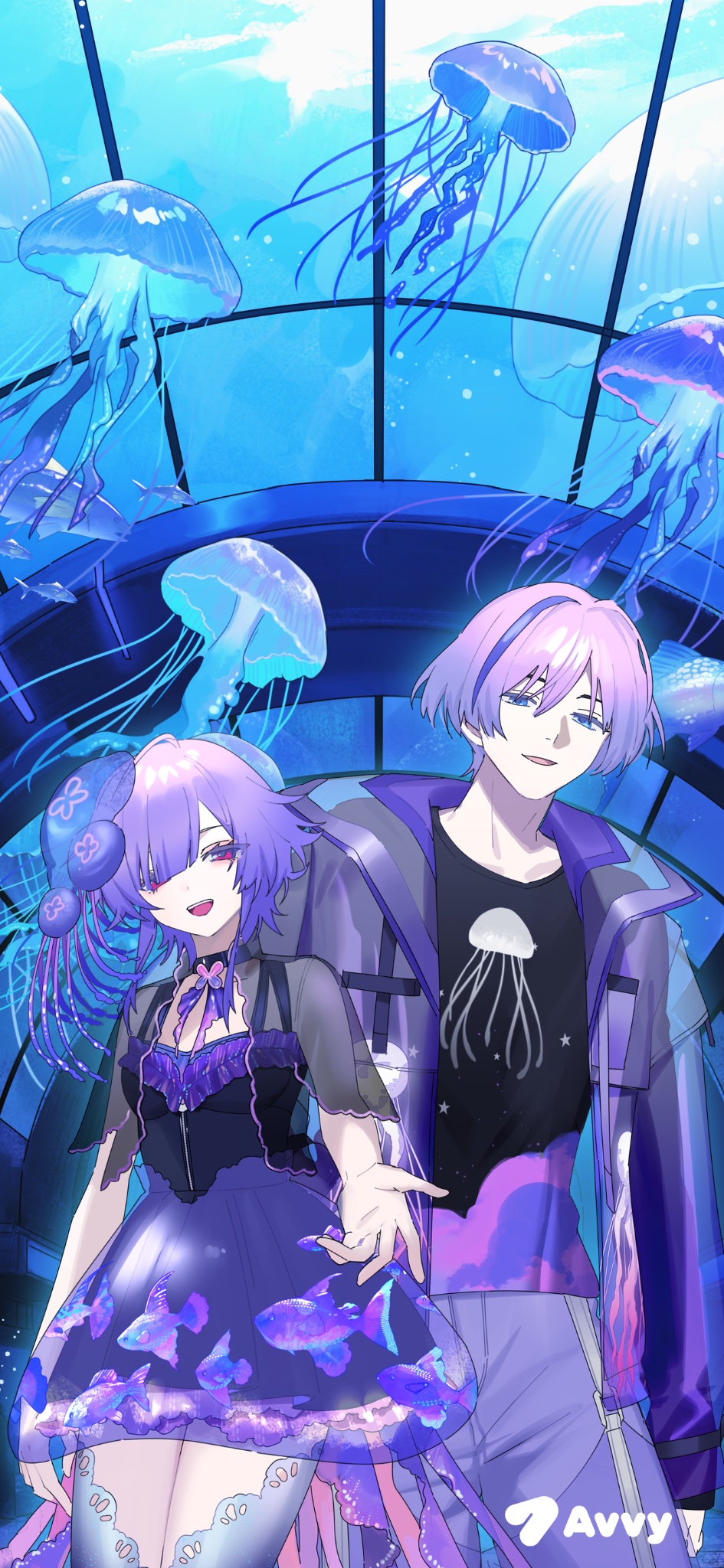 commentary request, highres, official art, 1boy, 1girl, :d, avvy, avvy art department, black shirt, blue eyes, colored skin, dress, gradient hair, jacket, jellyfish, jellyfish print, logo, looking at viewer, multicolored hair, multicolored shirt, open mouth, pants, parted lips, purple dress, purple hair, purple jacket, purple pants, purple shirt, red eyes, shirt, smile, streaked hair, teeth, tongue, upper teeth only, white skin