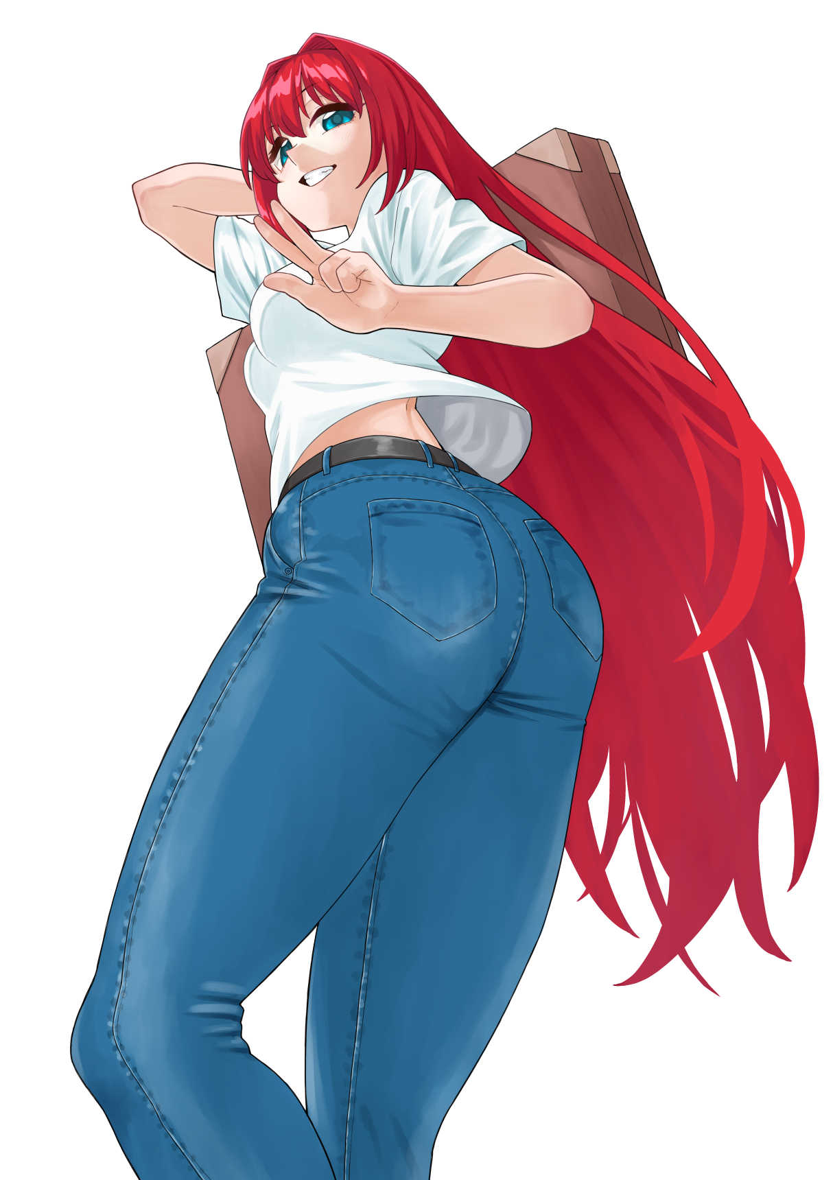 sugiyamayosihuru, aozaki aoko, melty blood, tsukihime, type-moon, highres, 1girl, arm behind head, ass, blue eyes, breasts, briefcase, denim, floating clothes, floating hair, from below, hair between eyes, hair intakes, happy, jeans, long hair, looking at viewer, pants, red hair, shirt, smile, t-shirt, v, very long hair, wavy hair, white shirt