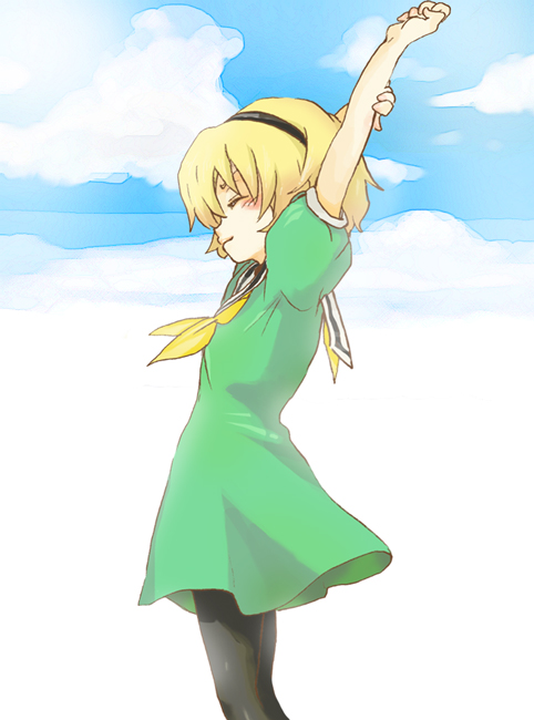 akita komachi, akita komachi (midgard), horiguchi yukiko, houjou satoko, higurashi no naku koro ni, 00s, 1girl, ^ ^, blonde hair, closed eyes, cowboy shot, day, female focus, pantyhose, sky, smile, solo, stretching