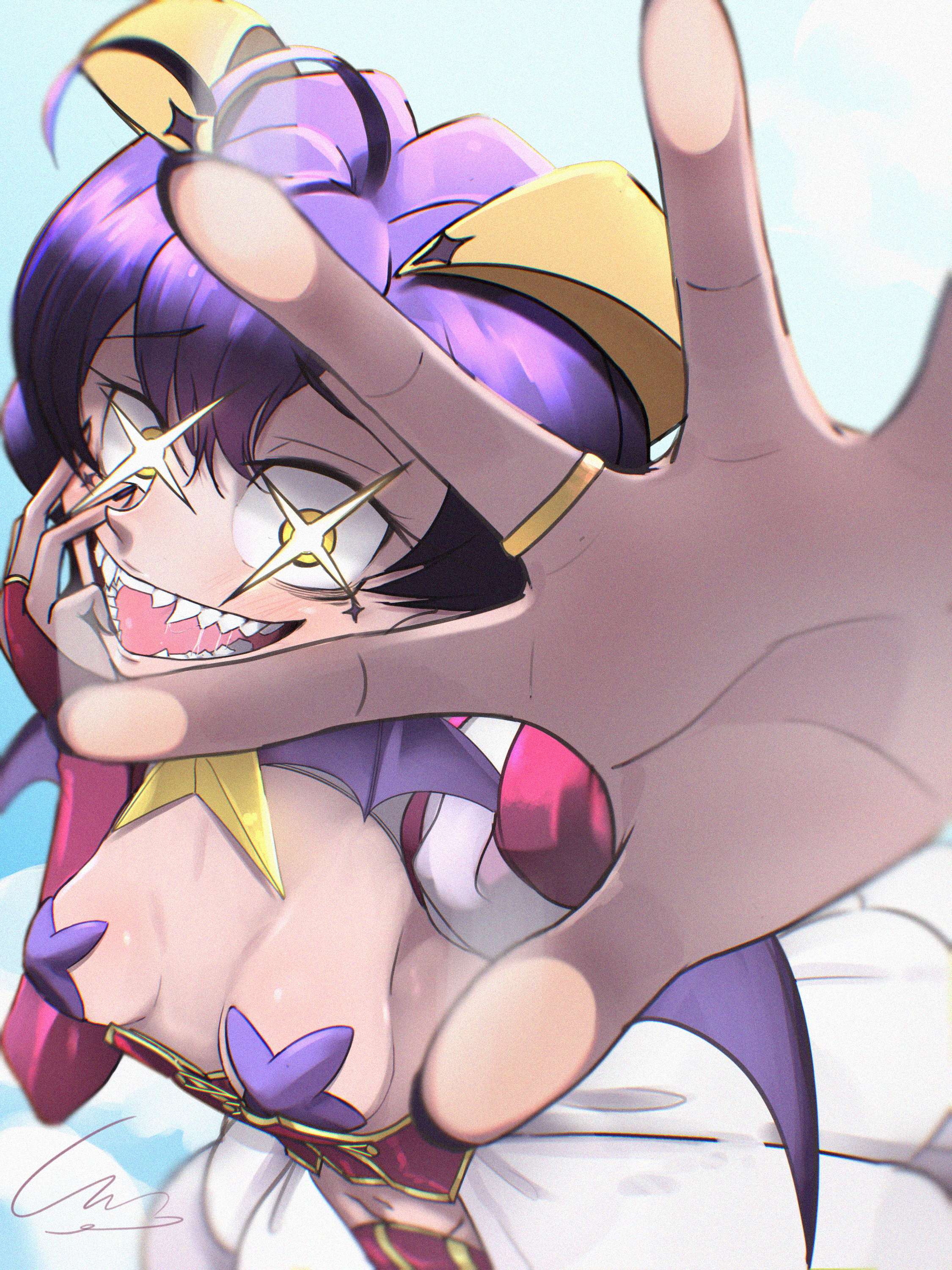 magia baiser, mahou shoujo ni akogarete, absurdres, highres, + +, 1girl, ahoge, bat wings, black hair, breasts, cloud, cloudy sky, hand on own face, heart, heart ahoge, looking at viewer, lordnomus, magical girl, mark under both eyes, open mouth, saliva, sharp teeth, short hair, shrug (clothing), skirt, sky, teeth, white shrug, white skirt, wings, yellow eyes