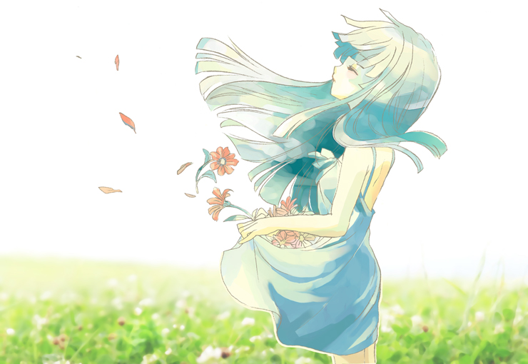 akita komachi, akita komachi (midgard), horiguchi yukiko, furude rika, higurashi no naku koro ni, painting (medium), traditional media, watercolor (medium), 00s, 1girl, blue hair, closed eyes, faux traditional media, female focus, flower, long hair, solo