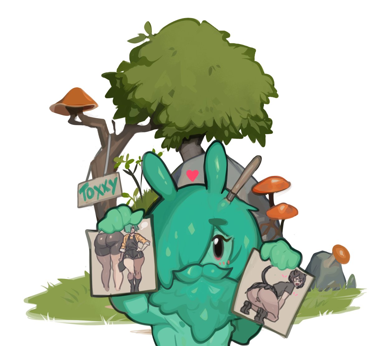 toxxy, original, 1boy, animal ears, artist name, ass, beard, cat boy, cave, character name, colored skin, drawing (object), facial hair, from behind, green skin, holding, holding drawing, huge ass, monster boy, mushroom, mustache, nipples, paintbrush, rabbit ears, rock, simple background, slime boy, toki (toxxy), tree, white background