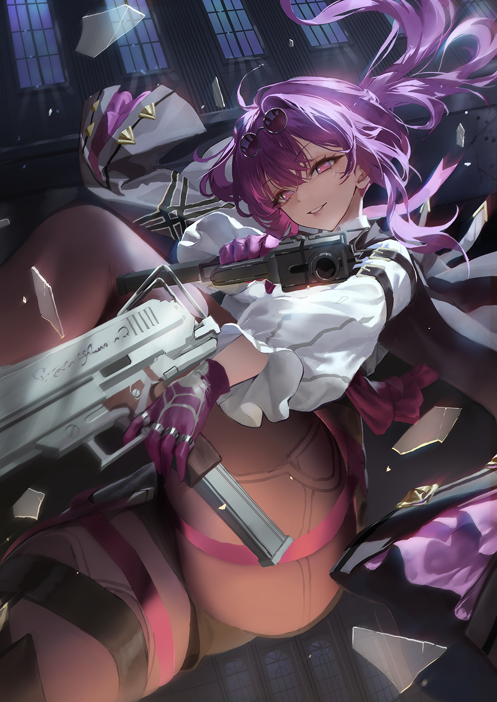 egoswans, kafka (honkai: star rail), honkai: star rail, honkai (series), highres, 1girl, aiming, aiming at viewer, black jacket, black pantyhose, clenched teeth, dual wielding, from below, glass shards, gloves, gun, holding, holding gun, holding weapon, jacket, looking at viewer, midair, pantyhose, purple eyes, purple gloves, purple hair, shirt, solo, teeth, thighhighs, weapon, white shirt