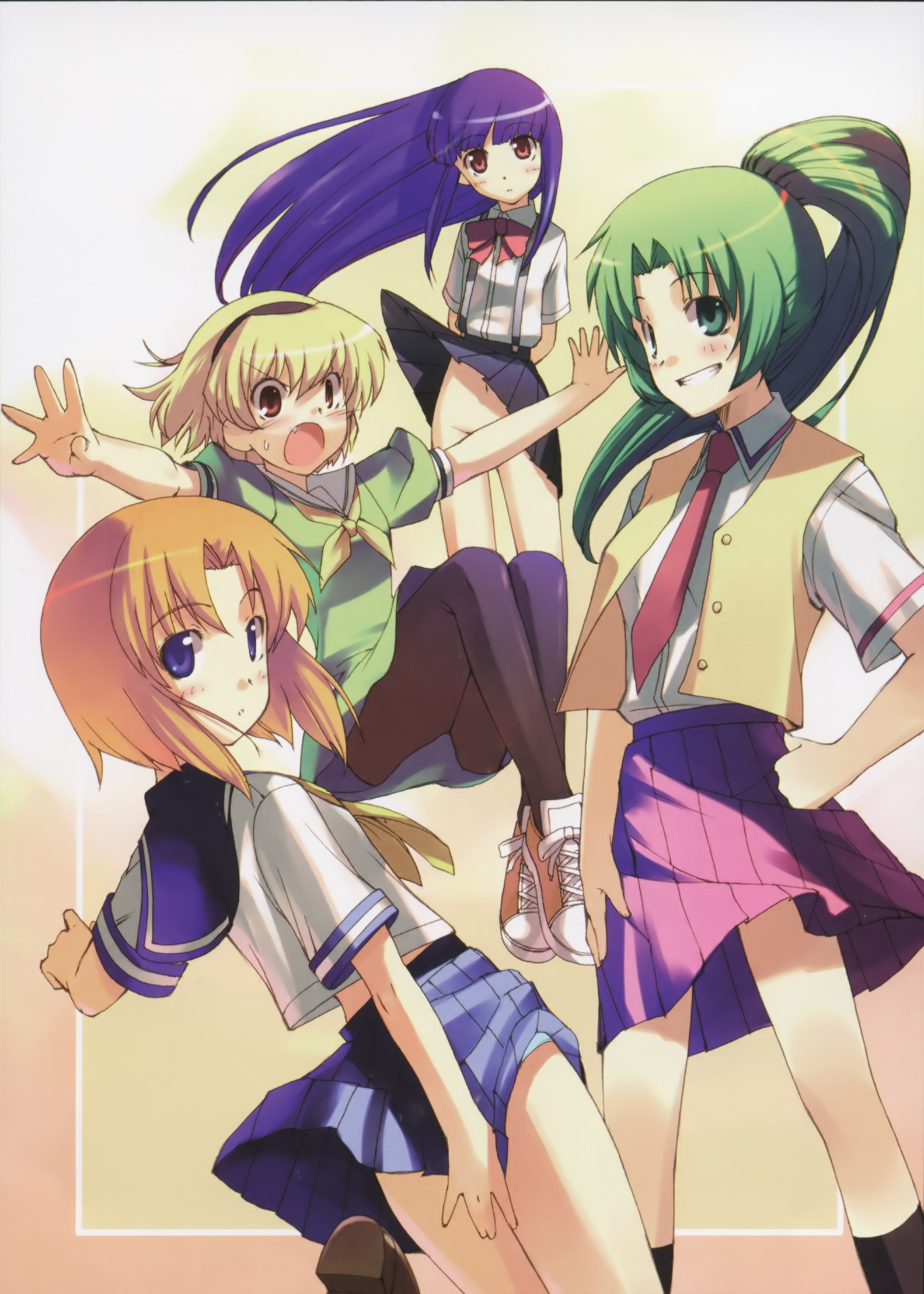 matsuzaki yutaka, furude rika, houjou satoko, ryuuguu rena, sonozaki mion, higurashi no naku koro ni, highres, scan, 00s, 4girls, blonde hair, blue eyes, blue hair, blue skirt, blush, clothes lift, convenient arm, convenient censoring, fang, female focus, green eyes, green skirt, long hair, looking at viewer, multiple girls, navel, necktie, no panties, open mouth, panties, pantyhose, pleated skirt, ponytail, purple eyes, school uniform, serafuku, short hair, skirt, skirt lift, sweatdrop, underwear, wind, wind lift