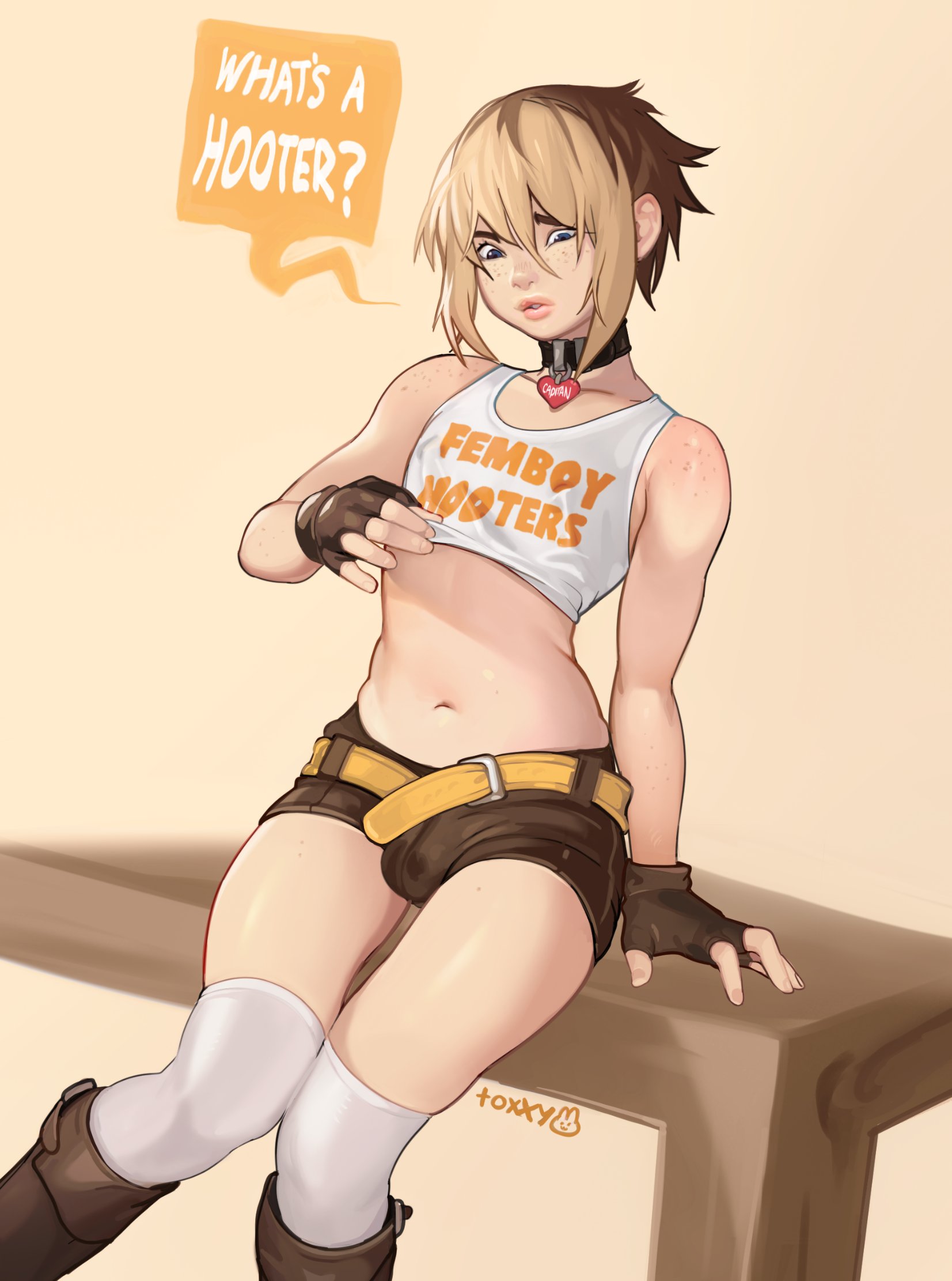 toxxy, highres, 1boy, artist name, belt, blonde hair, brown gloves, brown hair, brown shorts, bulge, clothes writing, crop top, english text, femboy hooters (meme), fingerless gloves, freckles, gloves, meme, multicolored hair, navel, on table, over-kneehighs, short shorts, shorts, sidelocks, table, tank top, thighhighs, two-tone hair, venture seas, white tank top, white thighhighs, yellow belt