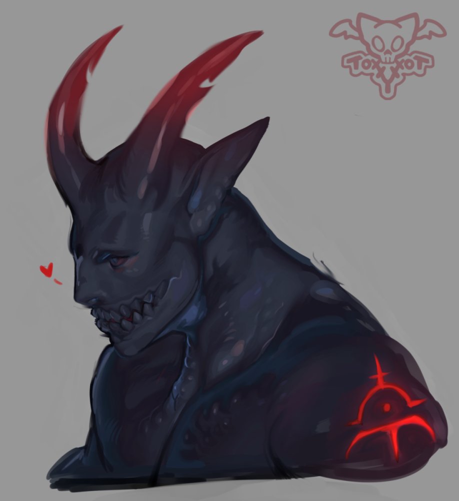 toxxy, original, 1boy, artist logo, artist name, black skin, colored skin, demon boy, glowing, glowing tattoo, gradient horns, grey background, heart, horns, logo, male focus, monster boy, multicolored horns, muscular, muscular male, no lips, pointy ears, portrait, sharp teeth, shoulder tattoo, simple background, solo, spoken heart, tattoo, teeth