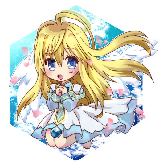 yukiomi kizuki, tita (eco), emil chronicle online, 1girl, ahoge, angel, angel wings, barefoot, blonde hair, blue dress, blue eyes, chibi, dress, halo, long hair, open mouth, praying, solo, white wings, wings