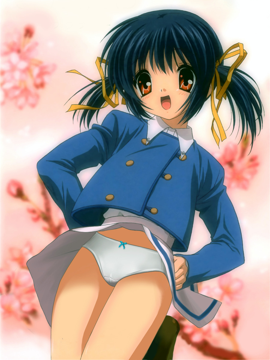 sunohara mei, clannad, highres, third-party edit, 00s, arms akimbo, blue hair, bow, bow panties, cameltoe, hands on own hips, loli, open mouth, panties, pantyshot, red eyes, school uniform, serafuku, twintails, underwear, white panties, wind, wind lift