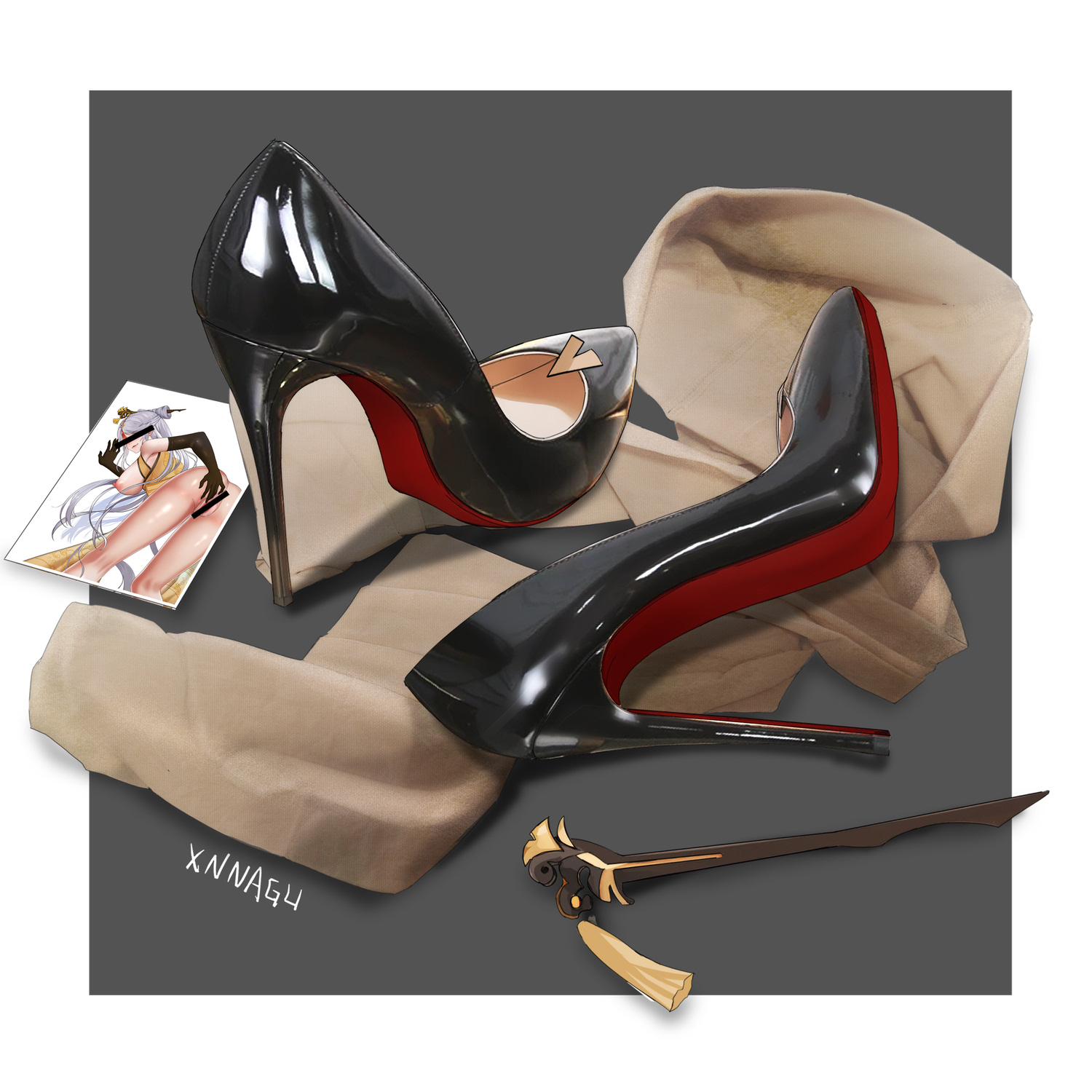 xnnagu, black footwear, highres, 1girl, artist name, ass, black gloves, border, breasts, china dress, chinese clothes, dress, elbow gloves, gloves, grey background, high heels, large breasts, latex, long hair, photo (object), shoes, signature, simple background, stiletto heels, tassel, very long hair, white border, white hair, yellow dress