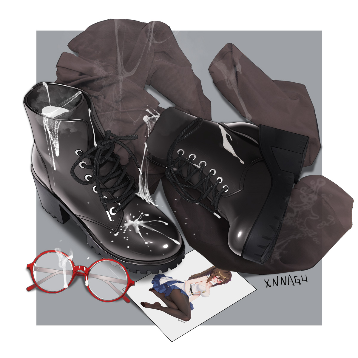xnnagu, black footwear, cross-laced footwear, highres, 1girl, artist name, black pantyhose, boots, bra, breasts, brown hair, brown pantyhose, cum, cum on body, cum on clothes, cum on feet, glasses, pantyhose, photo (object), red-framed eyewear, shirt, shoes, skirt, socks, solo, thighhighs, underwear, unworn boots, unworn shirt, unworn shoes, unworn socks, unworn thighhighs