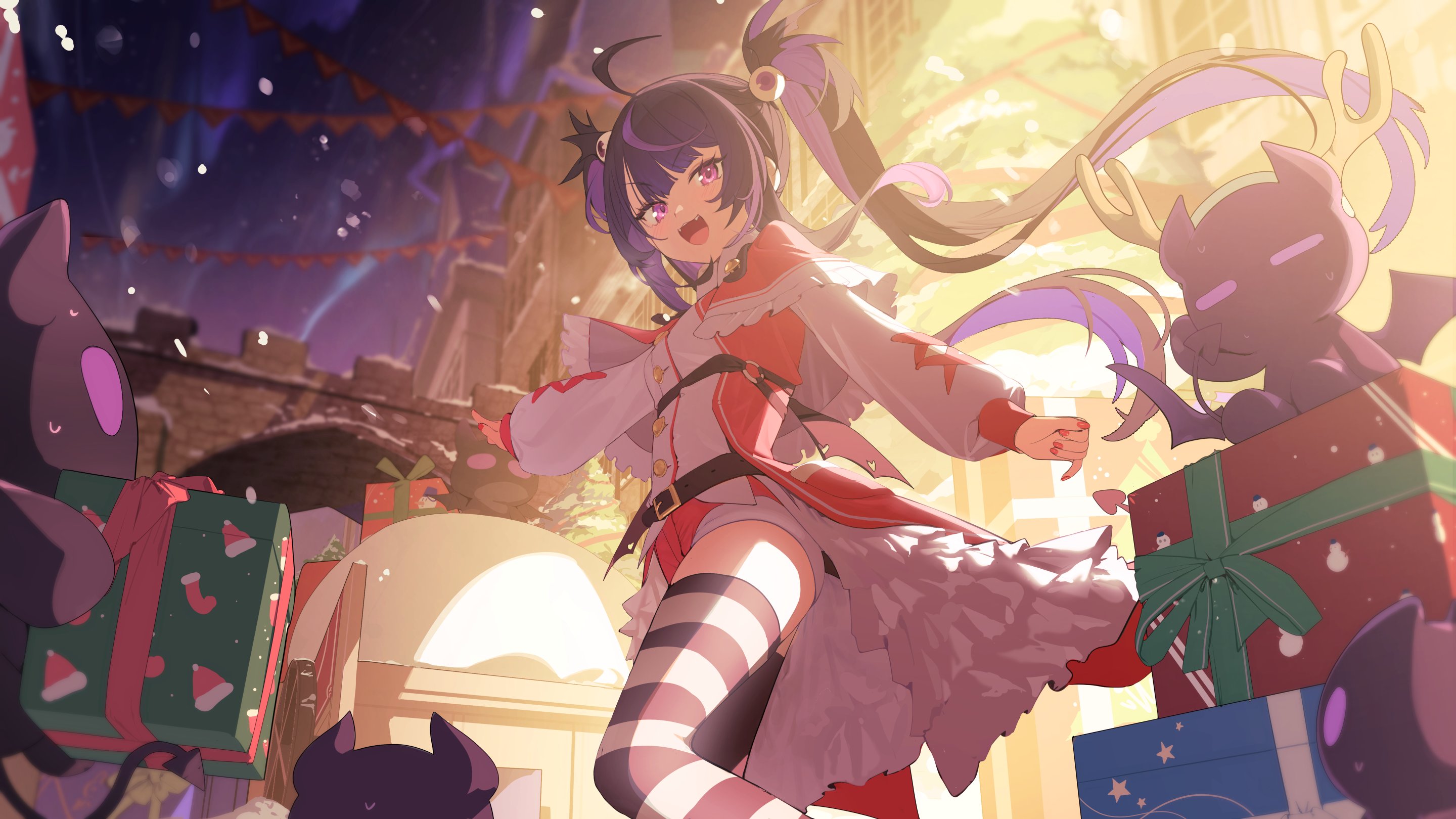 hiiragi mikoto, roca rourin (vtuber), chromashift, commentary request, commission, highres, skeb commission, 1girl, ahoge, belt, black belt, black hair, blush, box, breasts, capelet, gift, gift box, hair ornament, jacket, long hair, long sleeves, looking at viewer, multicolored hair, nail polish, o-ring, open clothes, open jacket, open mouth, purple eyes, purple hair, red capelet, red jacket, red nails, red shorts, shorts, small breasts, smile, solo, streaked hair, striped clothes, striped thighhighs, thighhighs, twintails, virtual youtuber