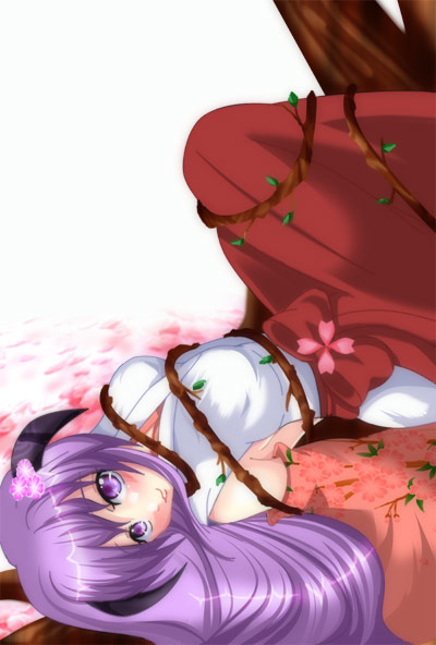 hanyuu, higurashi no naku koro ni, 00s, 1girl, bare shoulders, bow, female focus, flower, hakama, hakama skirt, horns, japanese clothes, lying, miko, plant, purple eyes, purple hair, red hakama, skirt, solo, tree, vines