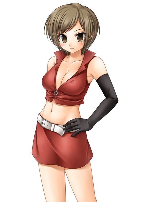 hazuki (etcxetc), meiko (vocaloid), vocaloid, 1girl, blush, breasts, brown eyes, brown hair, cleavage, elbow gloves, female focus, gloves, midriff, pencil skirt, short hair, skirt, smile, solo