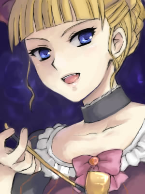 beatrice (umineko), umineko no naku koro ni, lowres, 00s, 1girl, blonde hair, blue eyes, bow, choker, female focus, kiseru, pink bow, smoking pipe, solo