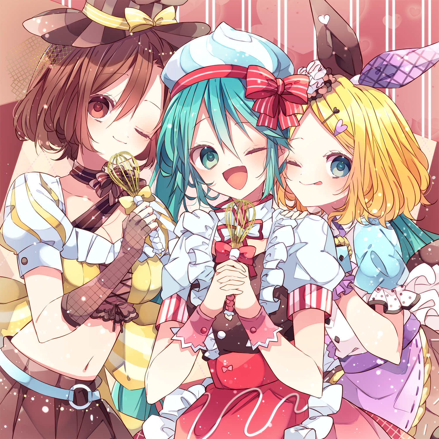 kaho 0102, hatsune miku, kagamine rin, meiko (vocaloid), vocaloid, commentary request, highres, 3girls, ;), ;d, blonde hair, blue eyes, blue hair, blush, bow, breasts, brown background, brown eyes, brown hair, brown hat, brown shirt, cleavage, closed mouth, collarbone, crop top, cropped shirt, hair between eyes, hair ornament, hat, hat bow, heart, heart hair ornament, holding, holding whisk, large breasts, long hair, looking at viewer, midriff, multiple girls, navel, one eye closed, open mouth, parted bangs, red bow, red skirt, shirt, short hair, short sleeves, skirt, smile, striped bow, upper body, whisk, white hat, yellow shirt