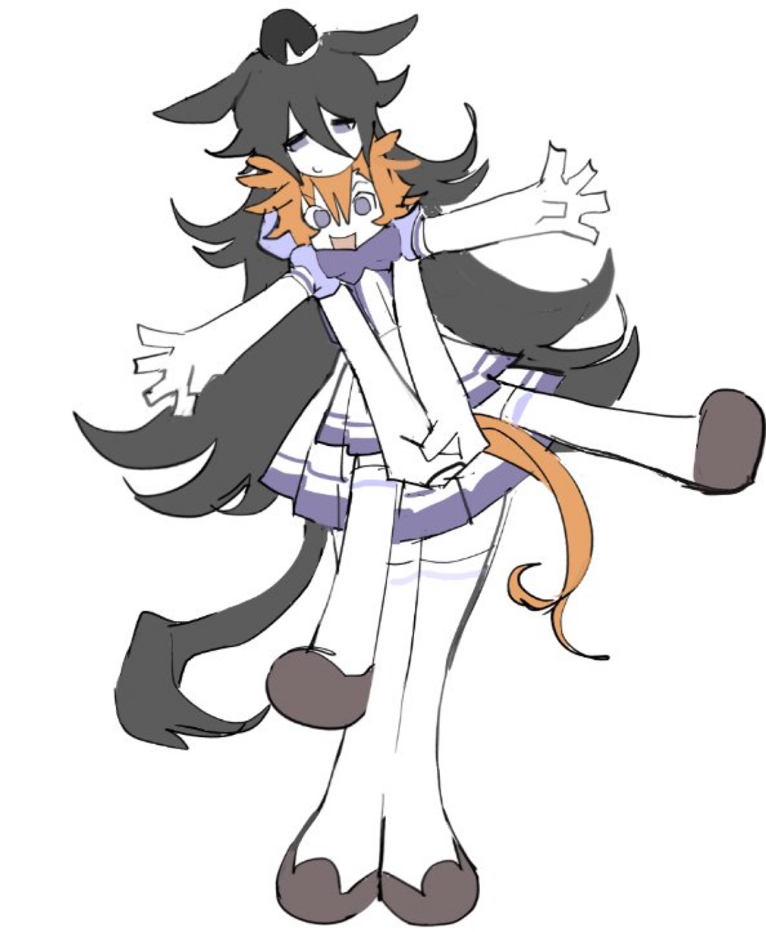 t.m. opera o (umamusume), umamusume, character request, highres, animal ears, arm up, black hair, ear ornament, full body, holding, horse ears, horse girl, horse tail, long hair, looking at another, opepe 99, orange eyes, outstretched arms, purple eyes, school uniform, simple background, smile, spread arms, spread legs, standing, tail, tracen school uniform, white background