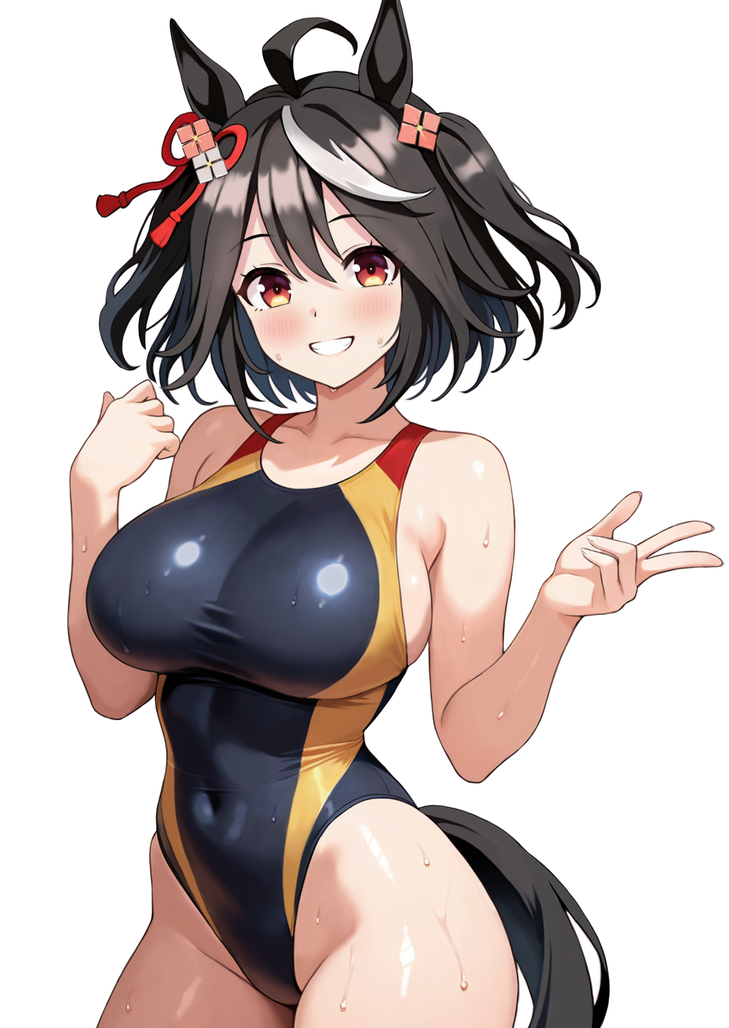 fuji noriho, kitasan black (umamusume), umamusume, commentary request, highres, 1girl, ahoge, alternate costume, animal ears, bare arms, bare shoulders, black hair, black one-piece swimsuit, black tail, blush, breasts, covered navel, cowboy shot, grin, hair between eyes, hair ornament, hair ribbon, hands up, highleg, highleg one-piece swimsuit, horse ears, horse girl, horse tail, large breasts, looking at viewer, one-piece swimsuit, red eyes, red ribbon, ribbon, short hair, simple background, smile, solo, swimsuit, tail, thighs, two side up, w, wet, white background, white streaks