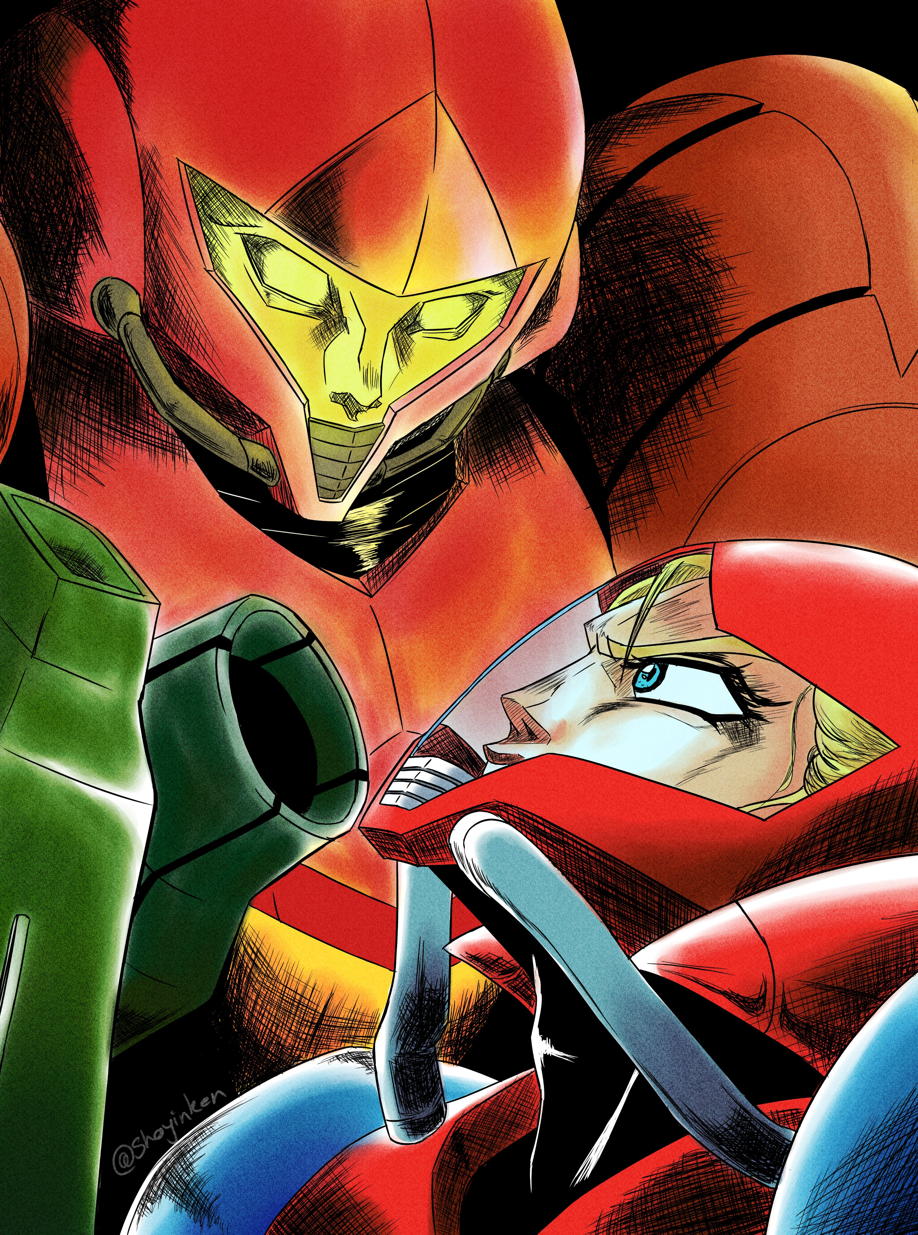 sa-x, samus aran, metroid, metroid fusion, nintendo, absurdres, commentary, english commentary, highres, 1girl, 1other, arm cannon, armor, black background, blank eyes, blonde hair, blue eyes, clenched teeth, eyelashes, face-to-face, fusion suit, hatching (texture), helmet, jojo no kimyou na bouken (style), jojo pose, pauldrons, power armor, power suit (metroid), red helmet, shoulder armor, shoyinken, teeth, twitter username, varia suit, weapon